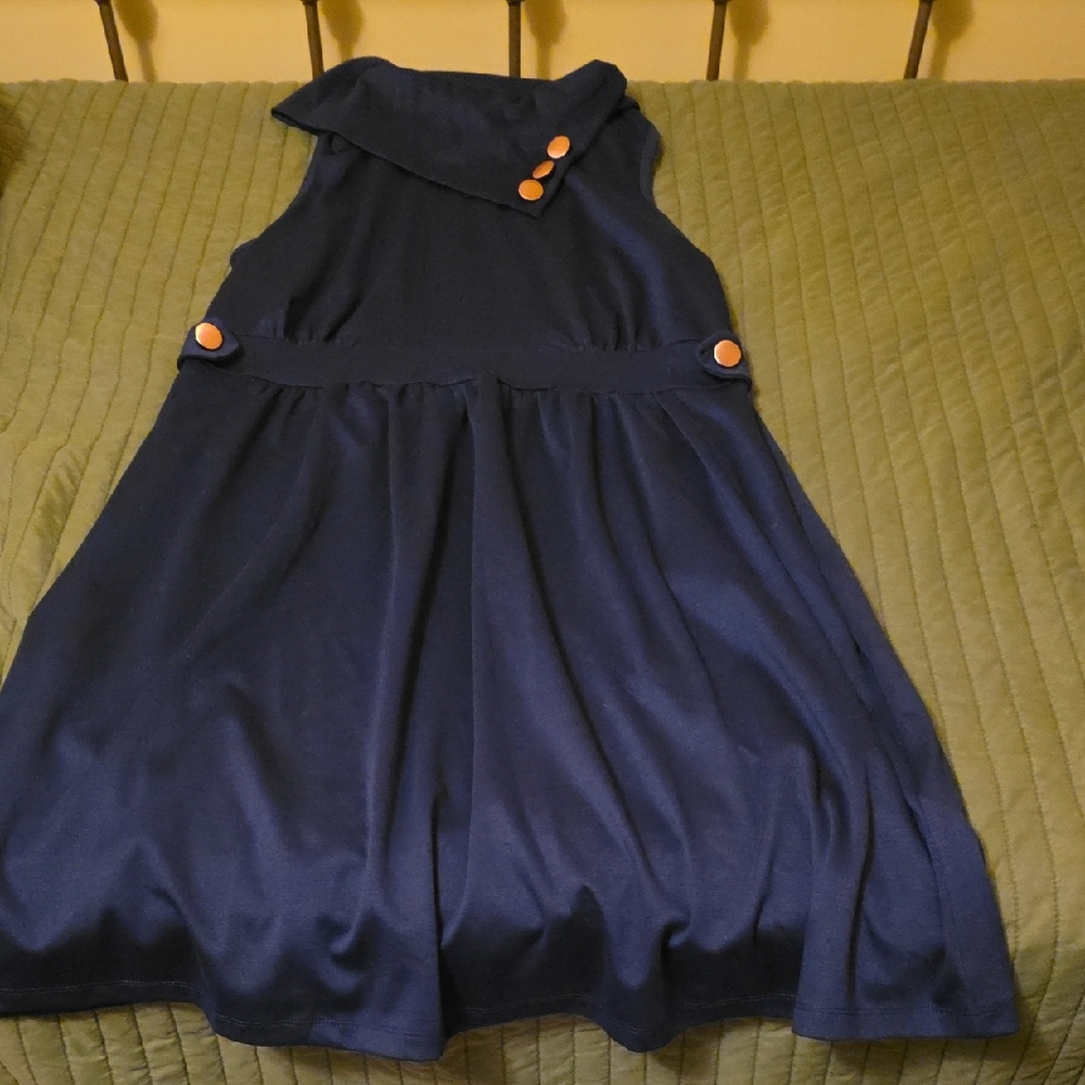 Stylish Navy Womens Midi Dress with Copper Accents